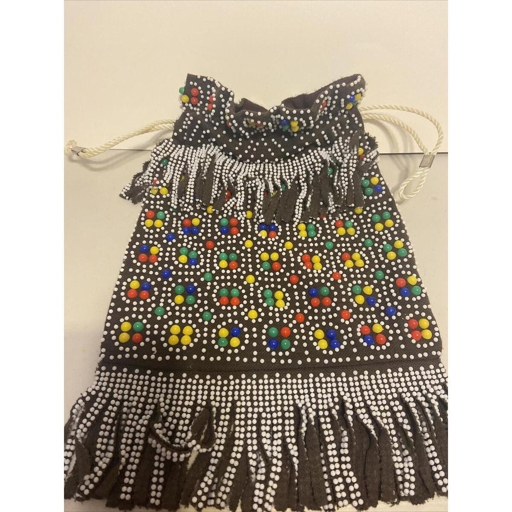 handmade beaded drawstring fringe pouch bag